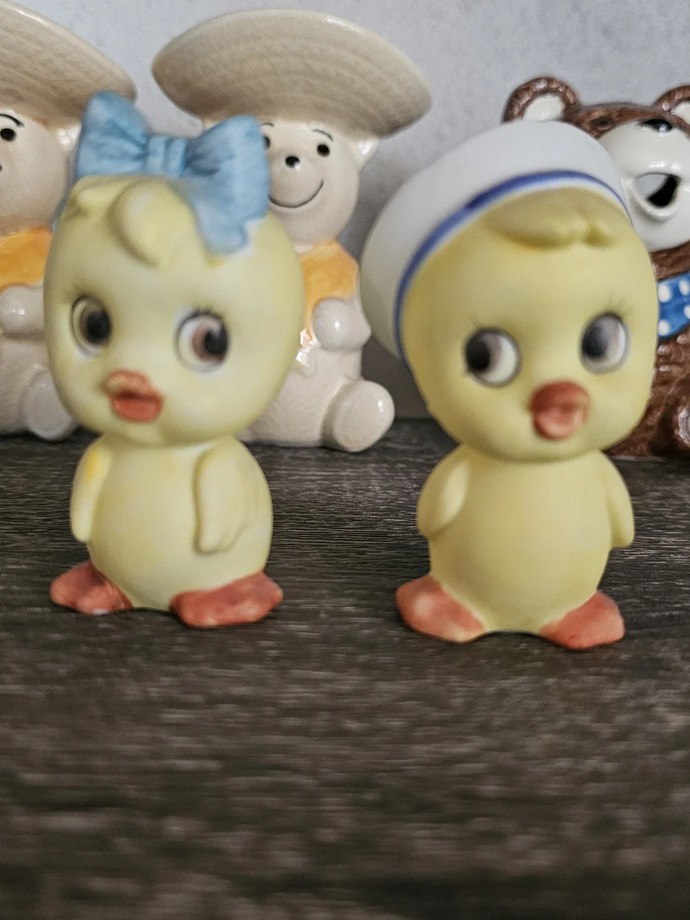 Lefton Yellow Duck Salt and Pepper Shakers with Blue Accents